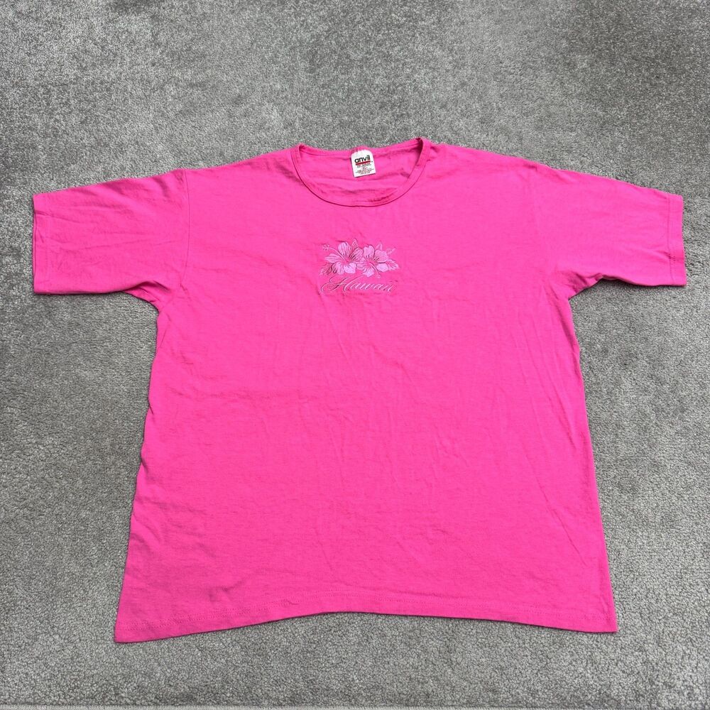 Anvil Vintage Hot Pink Short Sleeve Tee with Embroidered Floral Detail Hawaii